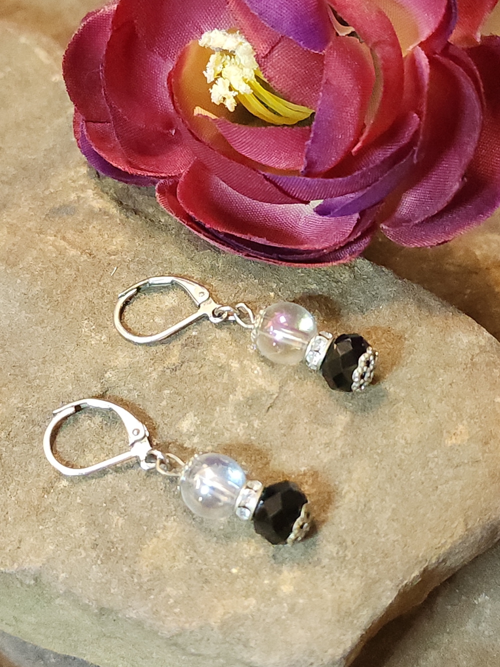 Silver Toned, Black and Iridescent Bead Drop Earrings